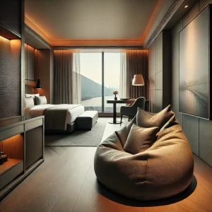 DALL·E 2024 09 14 10.39.02 A luxurious hotel room with a stylish bean bag chair. The bean bag chair is placed near a large window with a scenic view complementing the rooms el