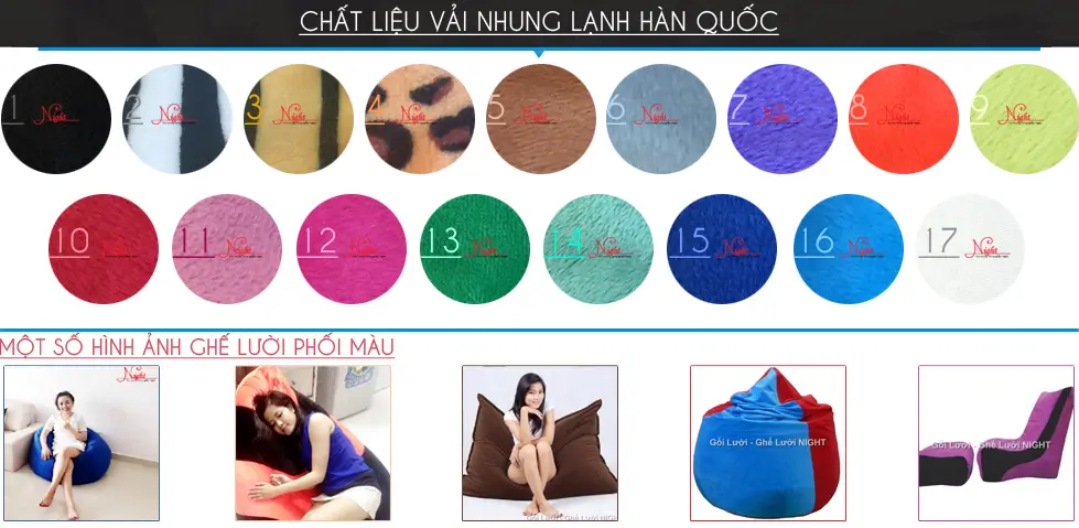 Bảng màu vải ghế lười night | vải Nhung Hàn Quốc Bảng màu vải ghế lười night | vải Nhung Hàn Quốc